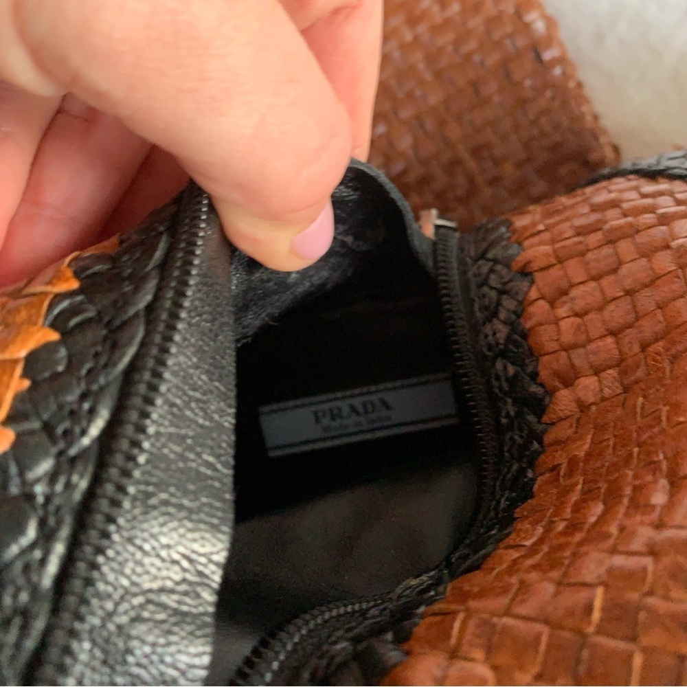 Vintage Prada Woven Leather Riding Knee High Pointy Toe Boots Brown Tan Black - Picture 8 of 10